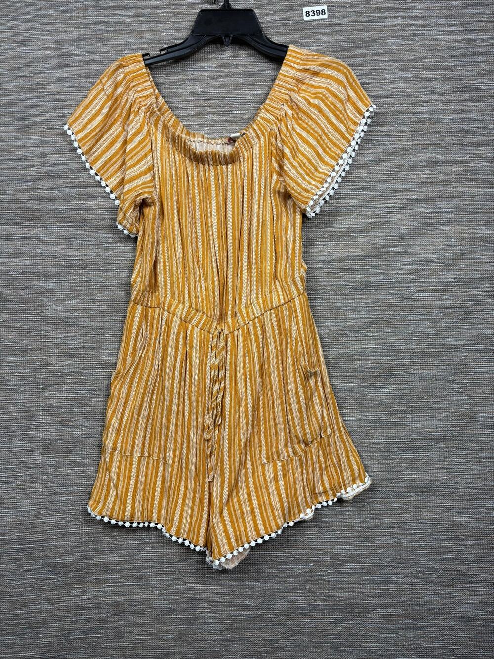 Andree By Unit Romper Womens Medium Yellow Stripe Short Sleeve Pom Pom Trim